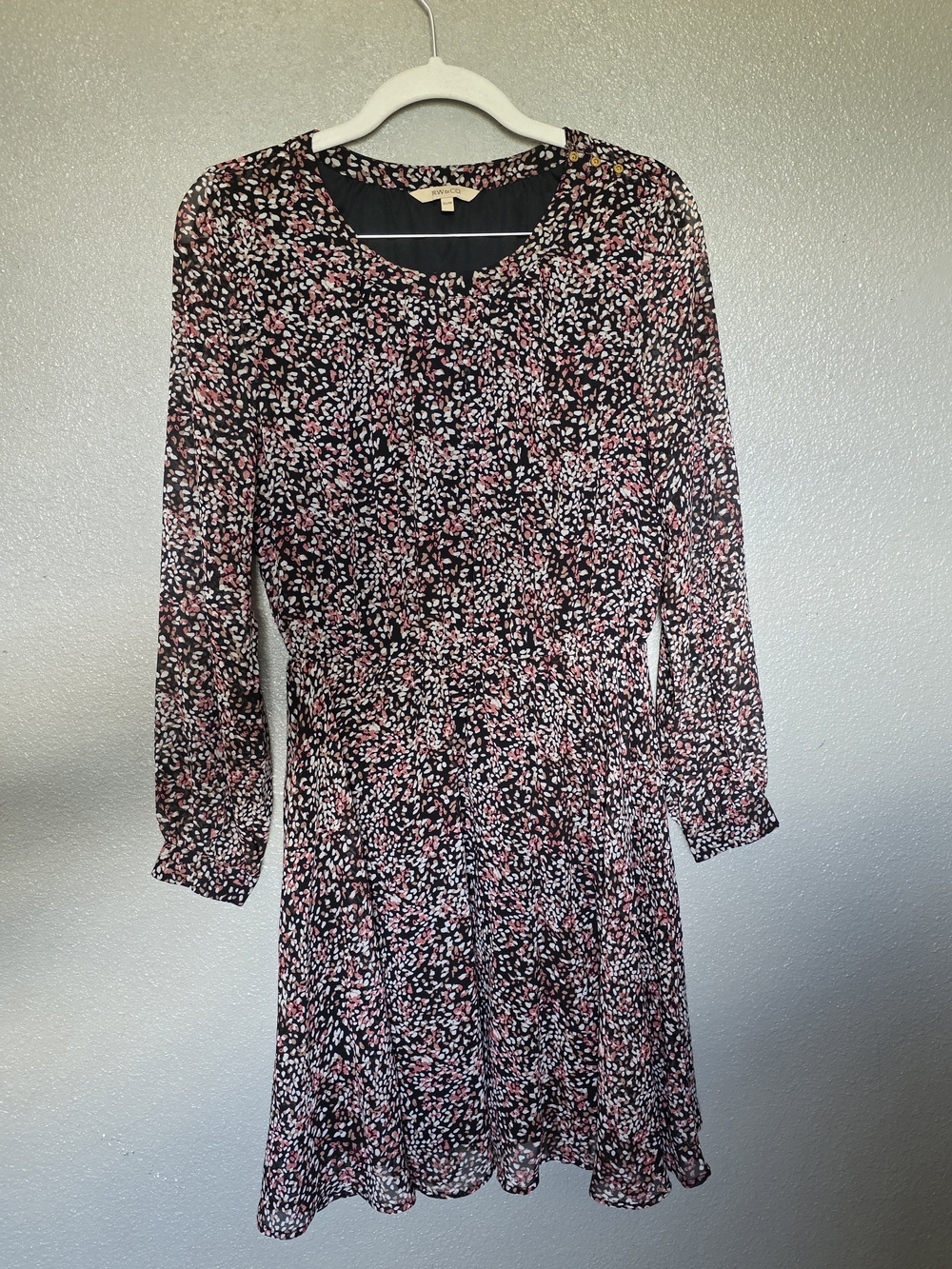 RW&CO. Black Long Sleeve Floral Dress with Pink and White Print